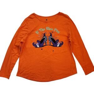 Target Womens Halloween Graphic Tee Size 2X Orange Witch Shoes Long Sleeve Top